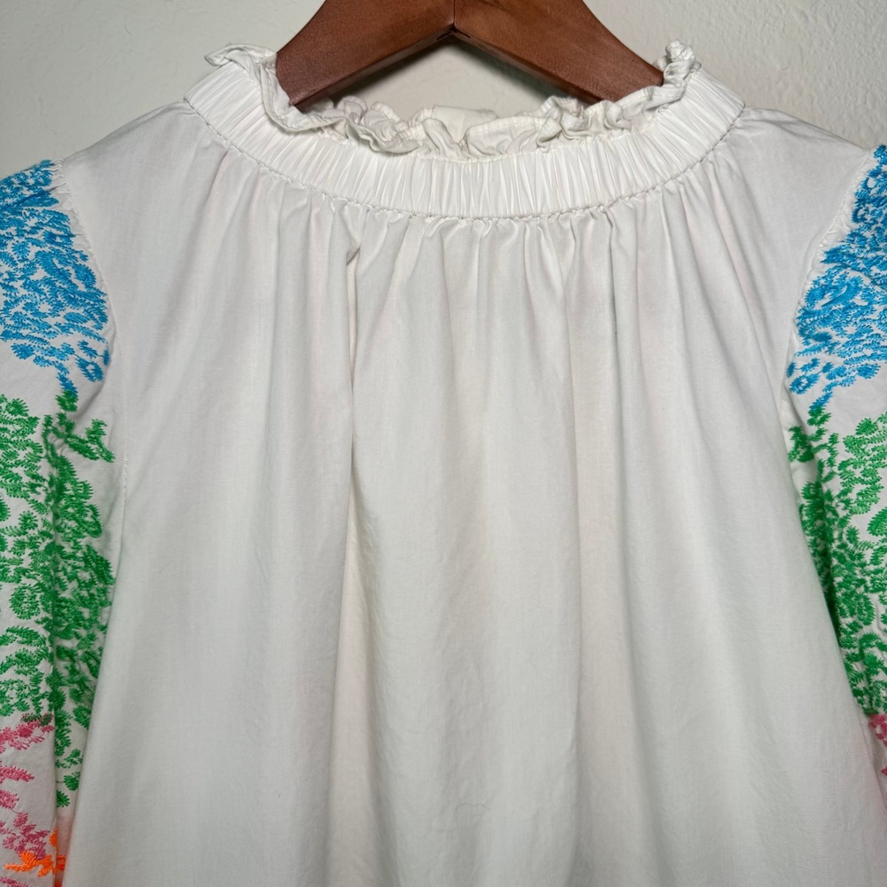 THML Womens White Cotton Colorful Embroidered Puff Sleeve Ruffle Neck Blouse - Picture 14 of 14